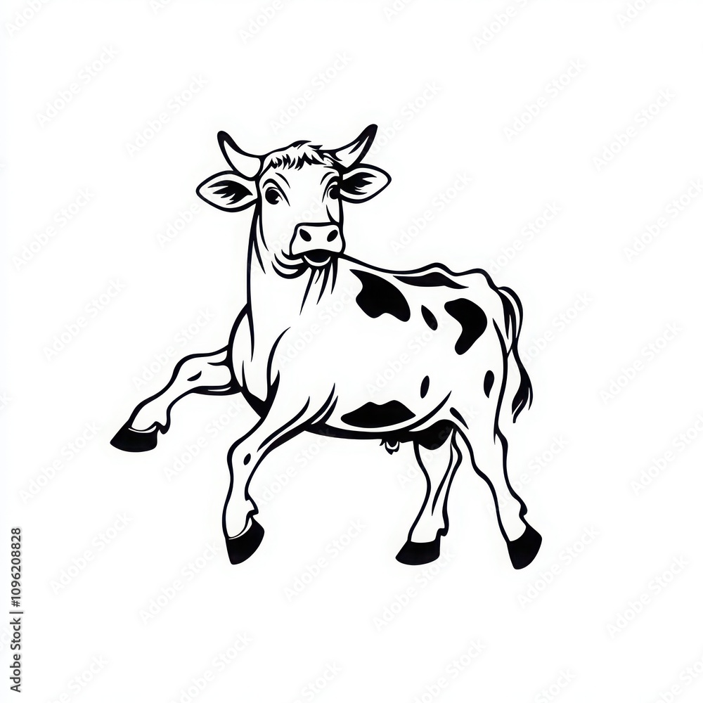 Obraz premium A simple vintage line art drawing of a cow dancing on one leg, in a minimalist and cartoon style. 