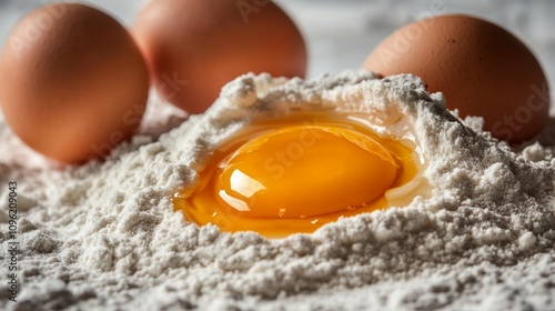 Fresh egg yolk nestled in a mound of flour, surrounded by whole brown eggs, creating a rustic baking scene with vibrant colors and textures. photo