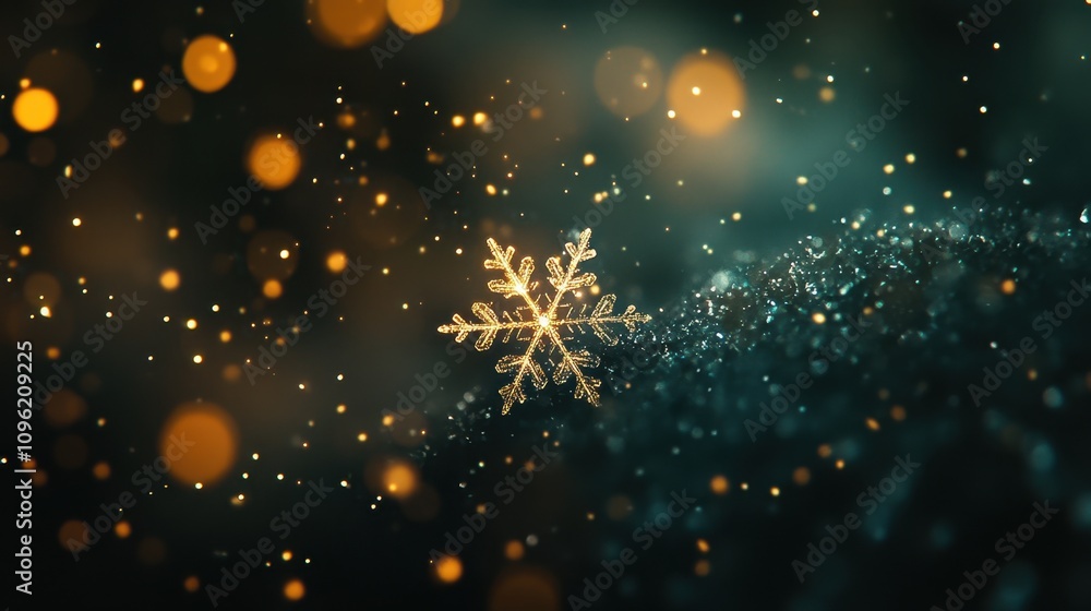 Beautiful snowflake on glittery surface surrounded by sparkling bokeh lights creating a magical winter wonderland atmosphere for festive celebrations. Beautiful snowflake on glittery surface surrounded by sparkling bokeh lights creating a magical winter wonderland atmosphere for festive celebrations.