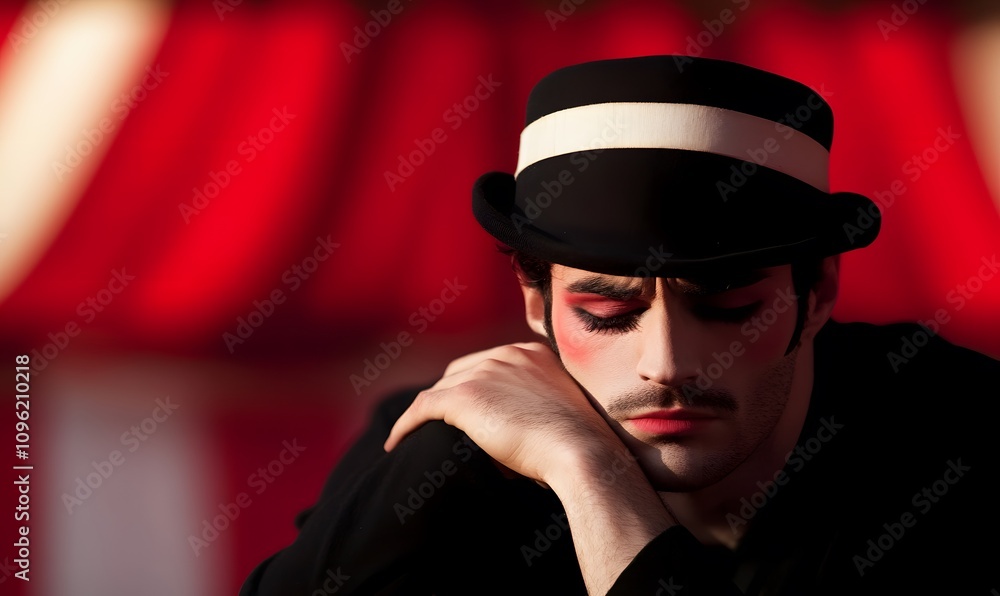 Male mime conveying sadness and isolation against a vintage circus backdrop, Generative AI Male mime conveying sadness and isolation against a vintage circus backdrop, Generative AI
