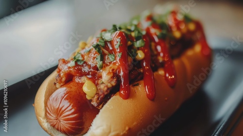 Delicious hot dog generously topped with ketchup, mustard, and fresh herbs, presented on a dark plate for contrast against a white background. photo