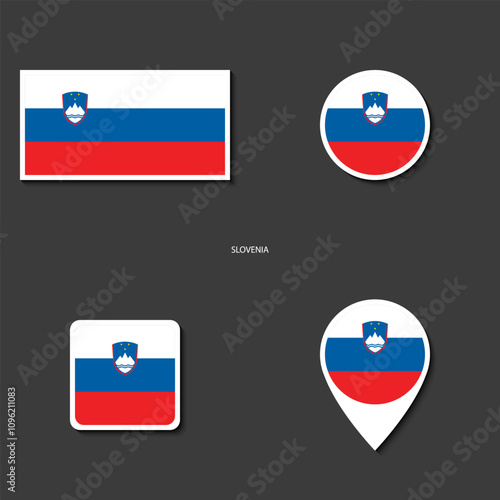 Slovenia flag icon set in different shape (rectangle, circle, square and marker icon) on dark grey background. Slovenia sticker icon collection on barely dark background	