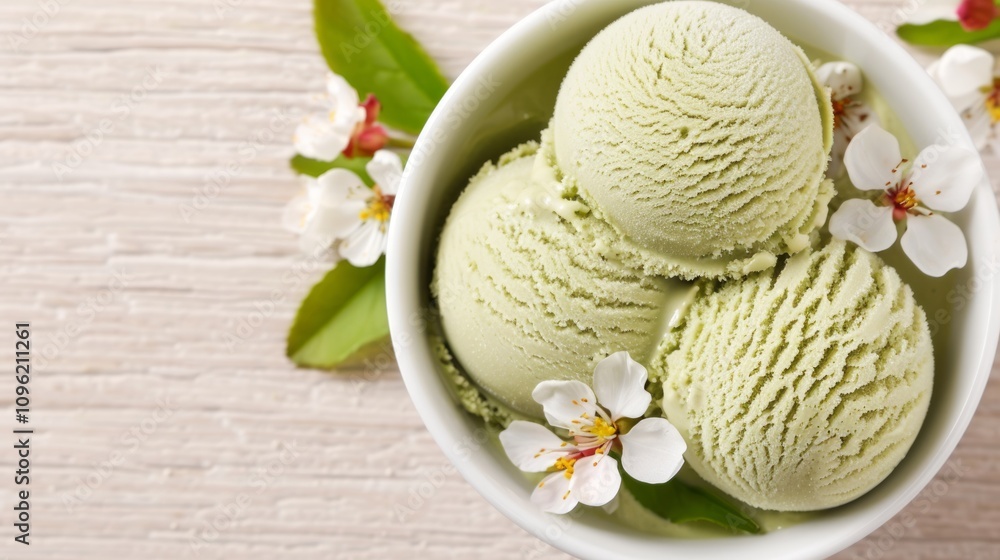 Creamy green ice cream with flowers and leaves. Creamy green ice cream with flowers and leaves.