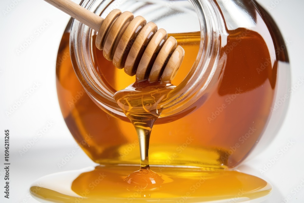 Honey pouring from a glass jar with a wooden dipper Honey pouring from a glass jar with a wooden dipper