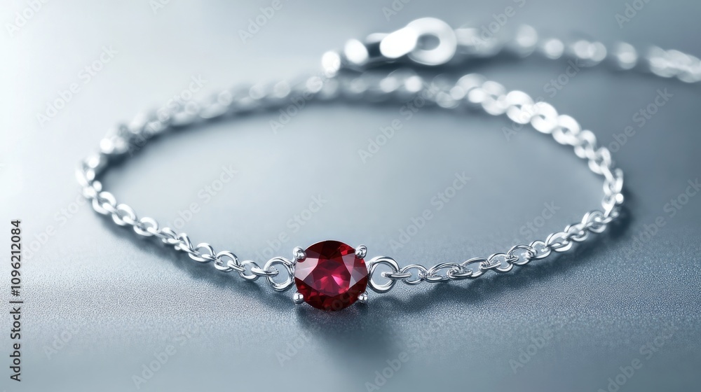Elegant bracelet in sterling silver or white gold adorned with a stunning red ruby gemstone, showcased against a soft, light backdrop. Elegant bracelet in sterling silver or white gold adorned with a stunning red ruby gemstone, showcased against a soft, light backdrop.