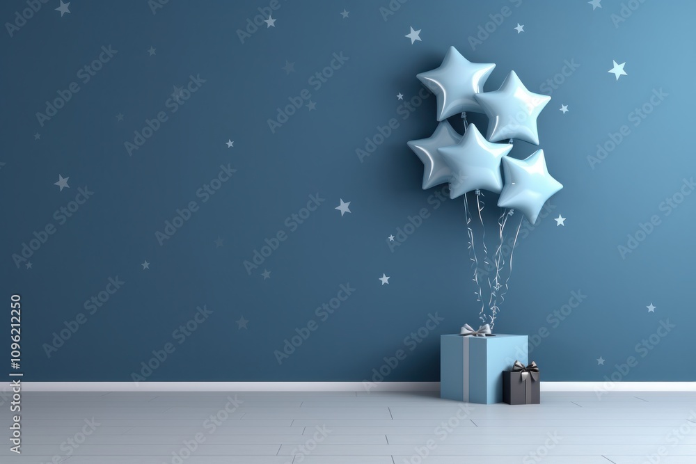 a Christmas gift box and a blue background with stars