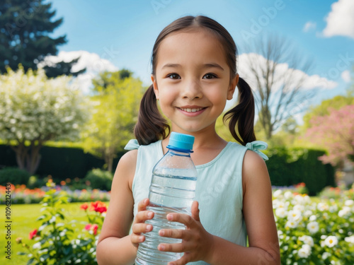 Young girl holding a water bottle and smiling outdoors in a garden during daytime. photo