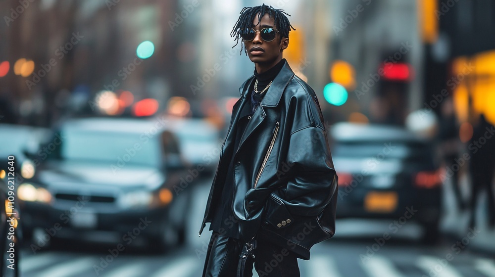 Stylish Individual in Oversized Black Leather Jacket and Sunglasses on Urban Street with Blurred Traffic in Background, Showcasing Trendy Fashion and City Life