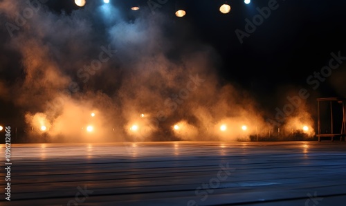 Setting up a stage without actors illuminated by light and smoke
