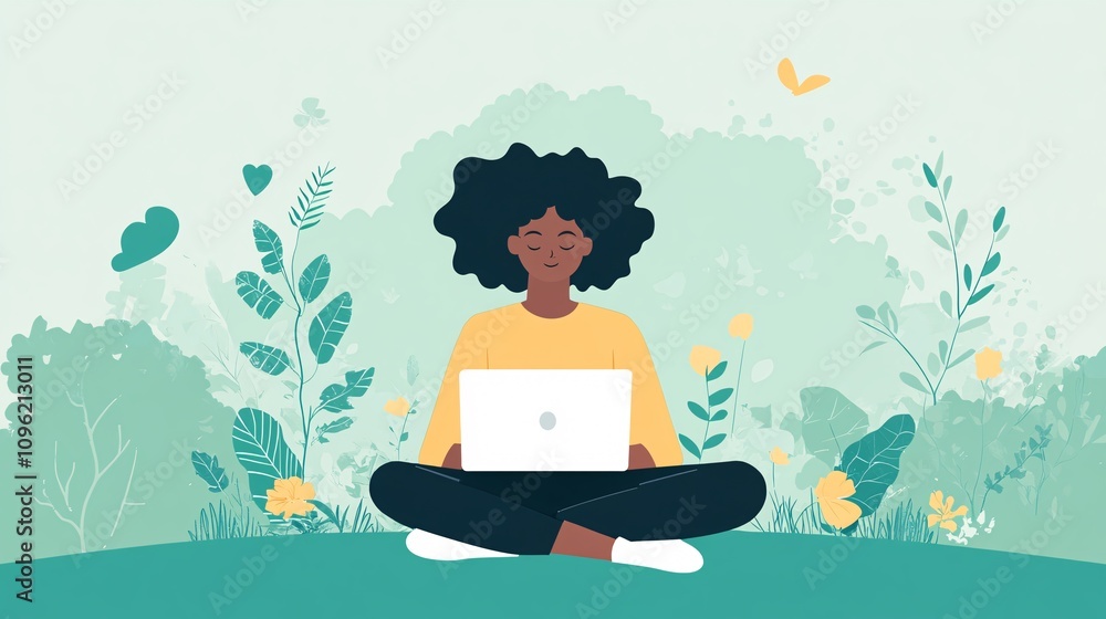 Young woman sitting cross-legged on the grass, working on a laptop amidst vibrant green plants and flowers, enjoying a peaceful outdoor environment surrounded by nature Young woman sitting cross-legged on the grass, working on a laptop amidst vibrant green plants and flowers, enjoying a peaceful outdoor environment surrounded by nature