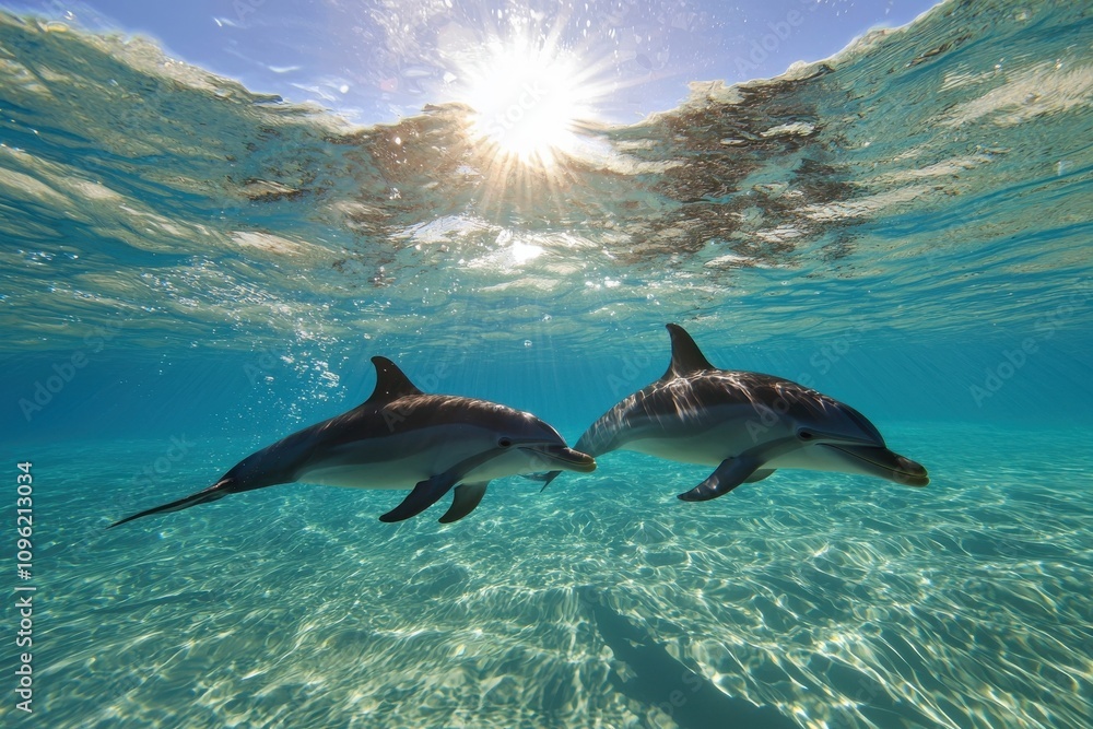 Fototapeta premium Dolphins swimming underwater tropical ocean marine life natural habitat scenic view