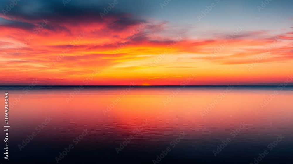 Fototapeta premium Breathtaking Sunset Over Calm Waters with Vibrant Shades of Orange, Pink, and Blue Creating a Serene Atmosphere for Tranquil Scenic Views and Nature Lovers