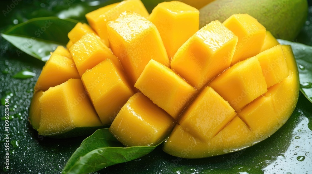 Vibrant sliced mango pieces adorned with fresh green leaves against a soft, blurred background, emphasizing a tropical food theme. Vibrant sliced mango pieces adorned with fresh green leaves against a soft, blurred background, emphasizing a tropical food theme.