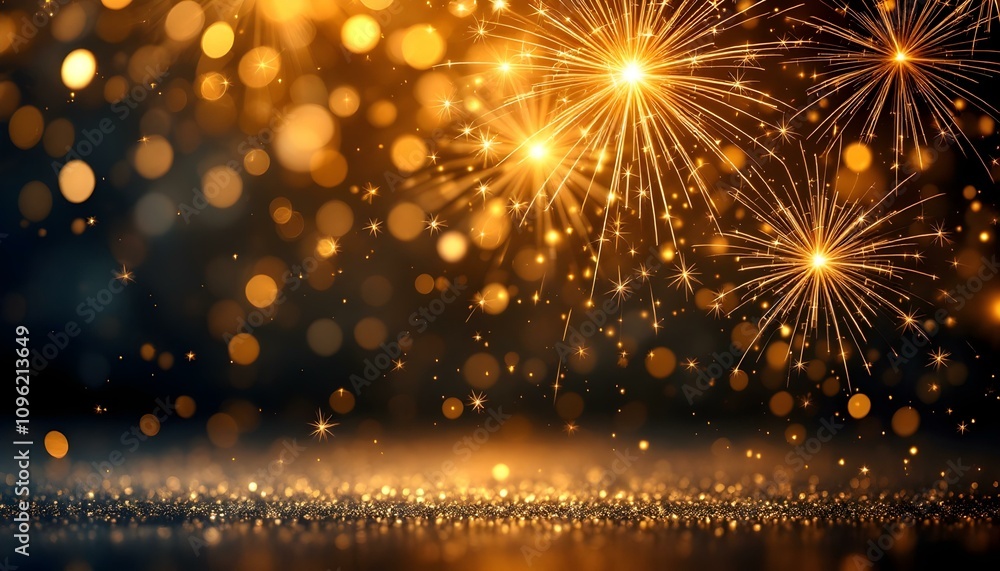Obraz premium Abstract gold glitter background with fireworks. christmas eve, New Year, and 4th of July holiday concept. Blue and gold Abstract background and bokeh on New Year's Eve.