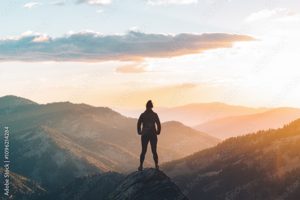 A lone figure stands on a mountain peak silhouetted against the setting sun. A lone figure stands on a mountain peak silhouetted against the setting sun.