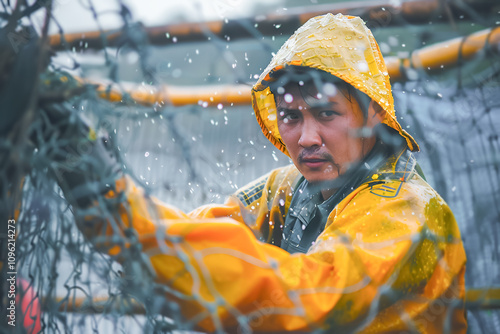 Fisherman in orange workwear standing on a boat photo