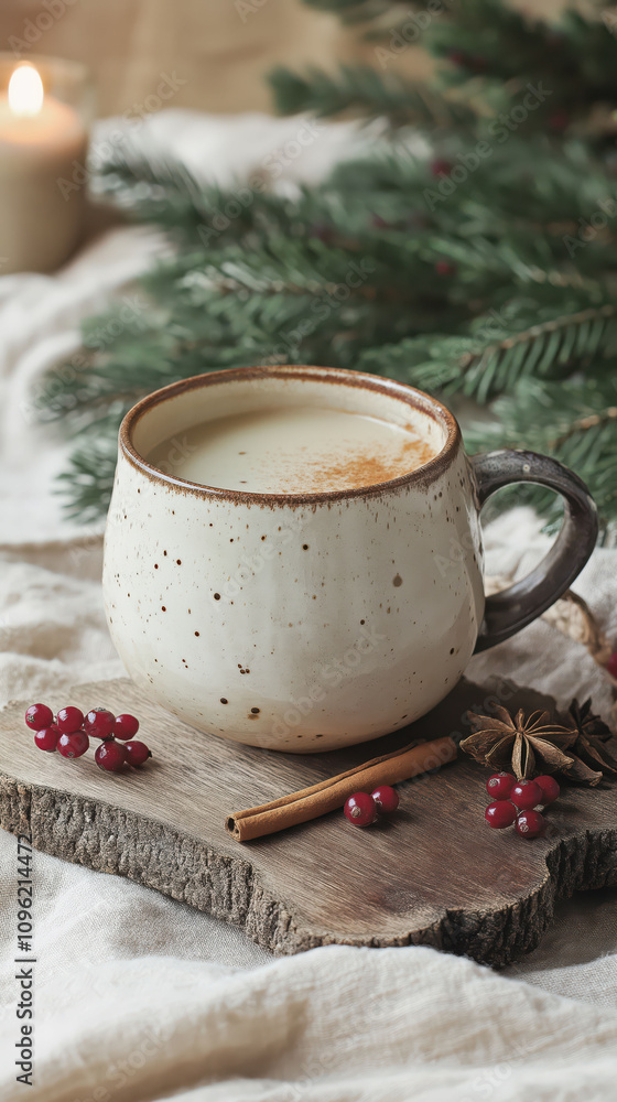Rustic ceramic mug with steaming hot drink and holiday decorations Rustic ceramic mug with steaming hot drink and holiday decorations