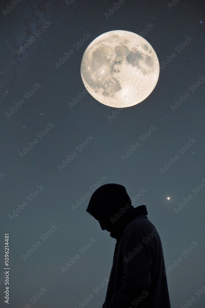 Fototapeta premium A figure contemplates under a glowing moon.