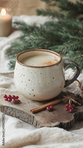 Rustic ceramic mug with steaming hot drink and holiday decorations