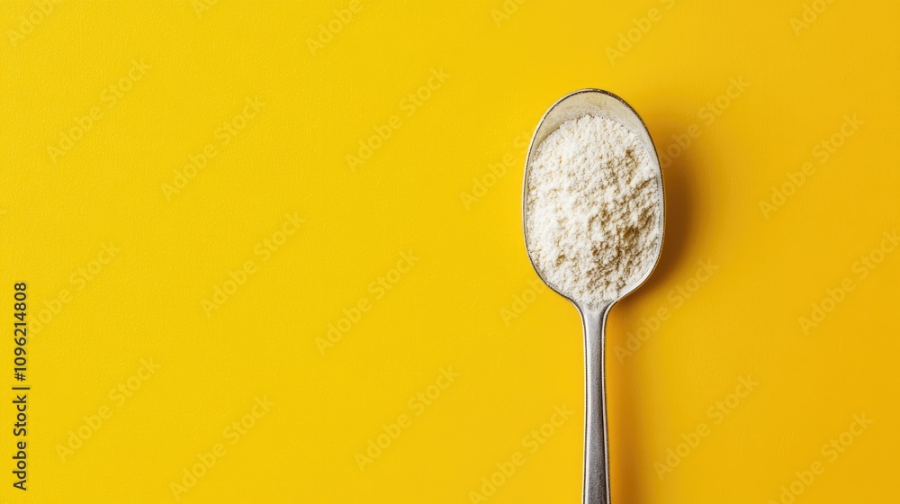 Silver spoon filled with powdered stevia sweetener on vibrant yellow background ideal for low-calorie and sugar-free diets Silver spoon filled with powdered stevia sweetener on vibrant yellow background ideal for low-calorie and sugar-free diets