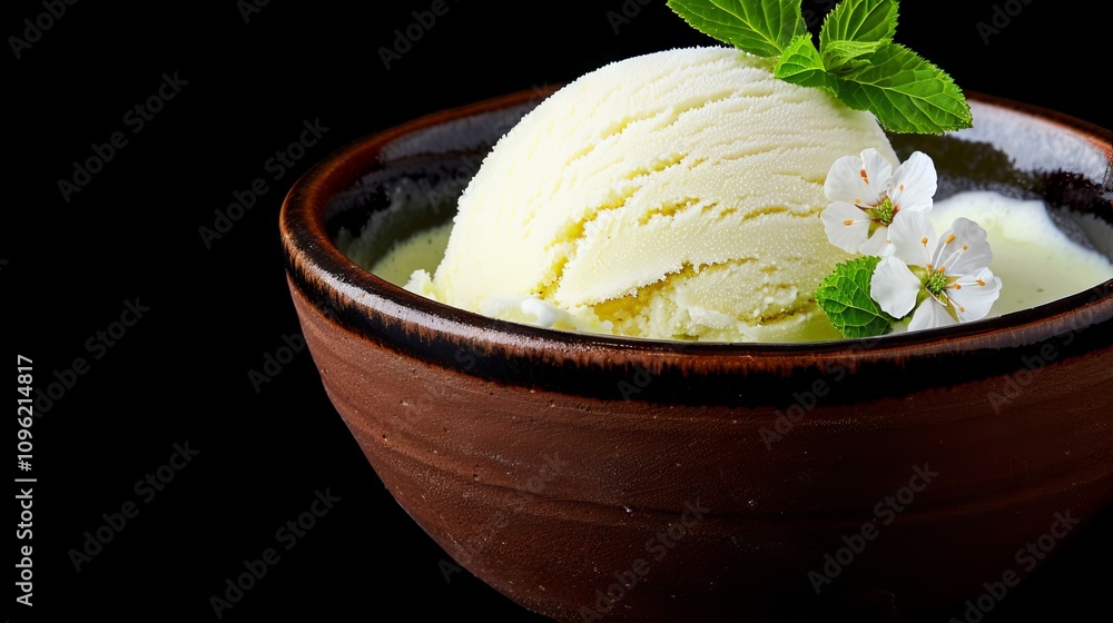 Creamy vanilla ice cream in a bowl with mint leaves. Creamy vanilla ice cream in a bowl with mint leaves.