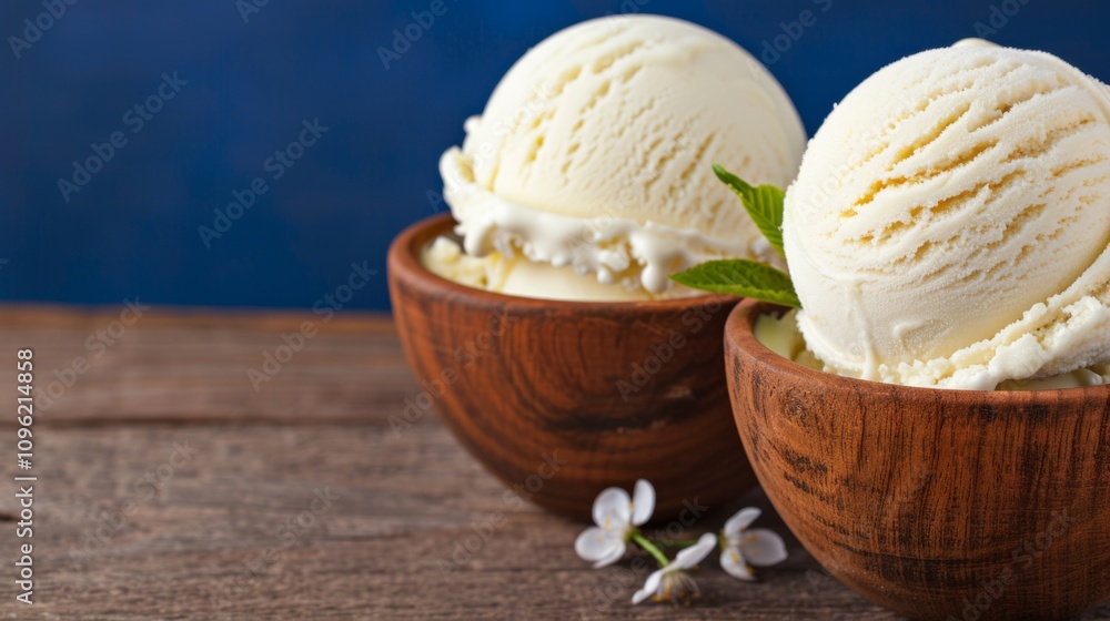 Creamy vanilla ice cream in wooden bowls. Creamy vanilla ice cream in wooden bowls.