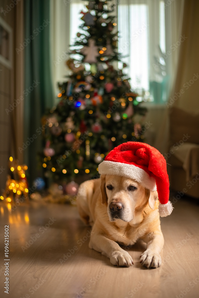 cute funny Labrador dog in a Santa Claus hat, gnome on the background of a Christmas tree. christmas lights, christmas greeting card cute funny Labrador dog in a Santa Claus hat, gnome on the background of a Christmas tree. christmas lights, christmas greeting card