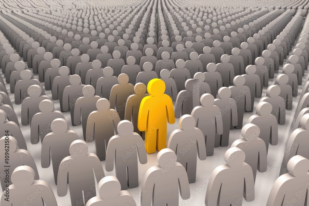 Fototapeta premium A single yellow figure stands out from a crowd of gray figures.