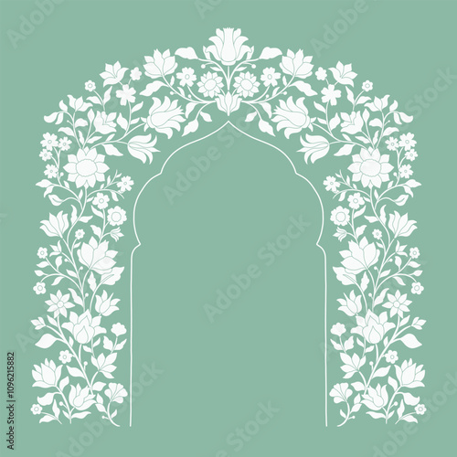 Mughal decorative ornamental floral arch. Vintage intricate traditional mughal style with flowers and foliage.