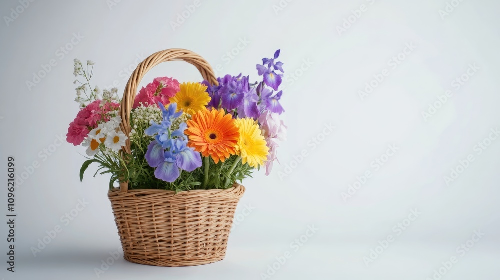 Woven basket brimming with vibrant gerbera daisies and delicate iris flowers on a smooth white backdrop, showcasing a cheerful arrangement of colorful blooms. Woven basket brimming with vibrant gerbera daisies and delicate iris flowers on a smooth white backdrop, showcasing a cheerful arrangement of colorful blooms.
