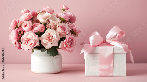 A beautiful bouquet of pink roses in a vase, paired with a gift box wrapped in a satin bow on a pastel pink table, perfect for celebrating birthdays, weddings, Mother's Day, Valentine's Day