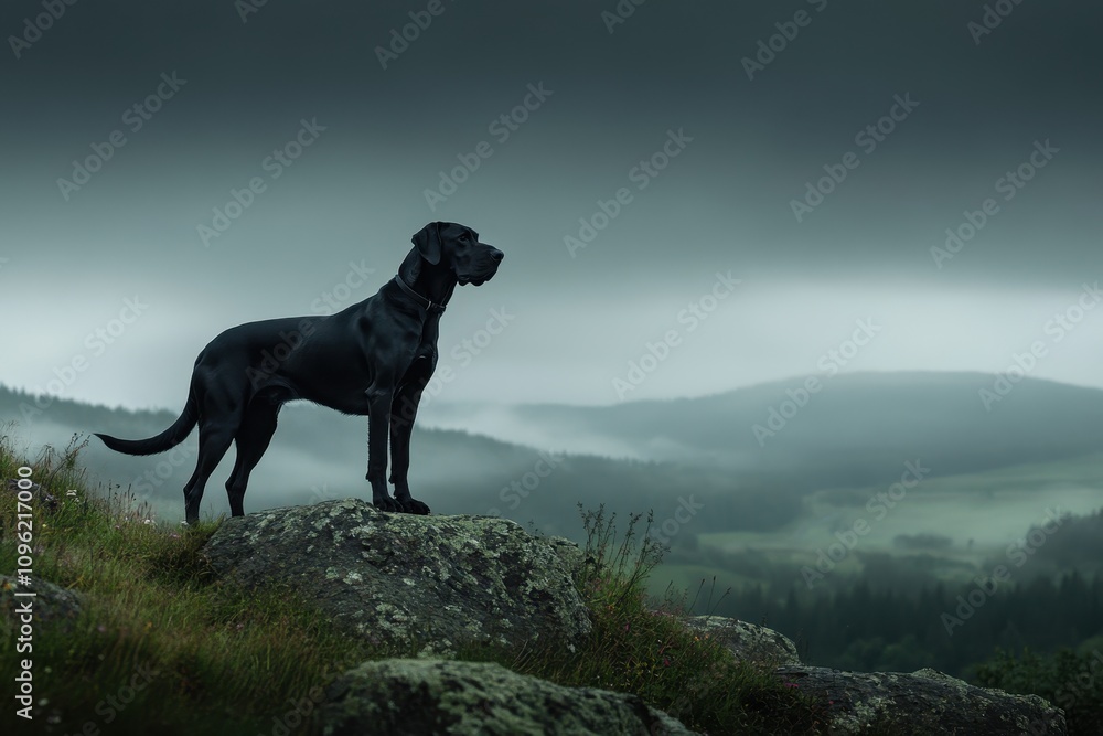 Great Dane Standing Tall: A black Great Dane standing on a rocky hill Great Dane Standing Tall: A black Great Dane standing on a rocky hill