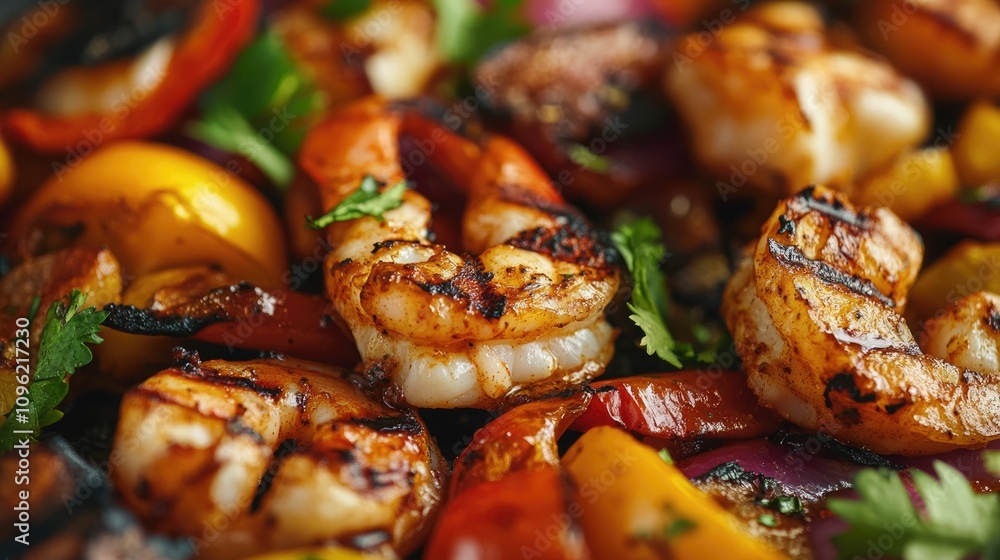 Close-up of perfectly grilled shrimp and colorful bell peppers garnished with fresh herbs, set against a vibrant dining backdrop. Close-up of perfectly grilled shrimp and colorful bell peppers garnished with fresh herbs, set against a vibrant dining backdrop.