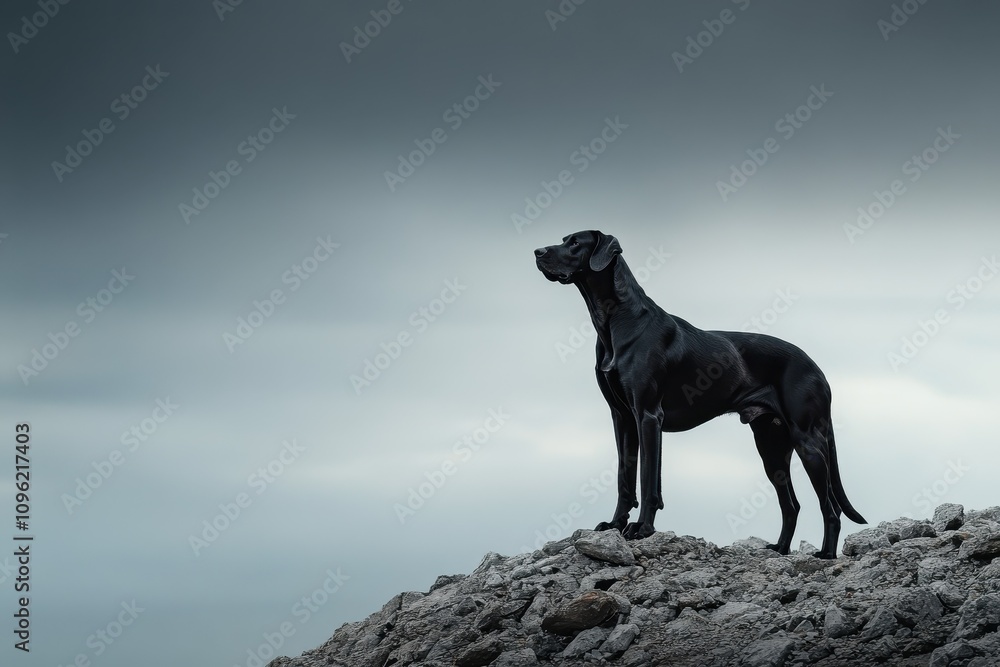 Great Dane Standing Tall: A black Great Dane standing on a rocky hill Great Dane Standing Tall: A black Great Dane standing on a rocky hill
