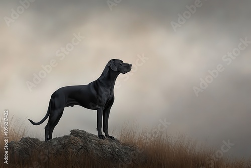 Great Dane Standing Tall: A black Great Dane standing on a rocky hill