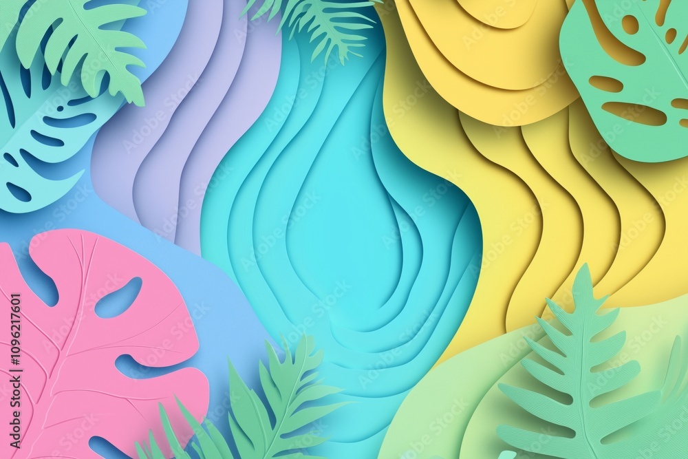 Cover or flyer template with abstract paper cut blue green pink yellow background. Vector template in carving art style Cover or flyer template with abstract paper cut blue green pink yellow background. Vector template in carving art style