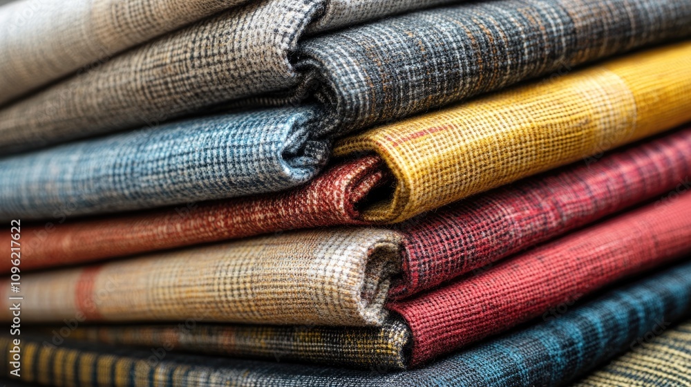 Close-up view of neatly stacked plaid fabrics showcasing a vibrant array of colors including blue, yellow, red, and beige textures. Close-up view of neatly stacked plaid fabrics showcasing a vibrant array of colors including blue, yellow, red, and beige textures.