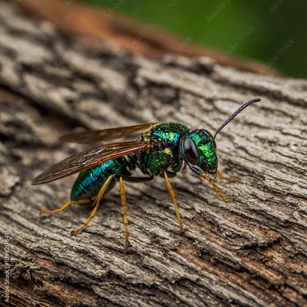 Jewel wasp on a bright, radiant tree bark.
Jewel wasp on a bright, radiant tree bark.