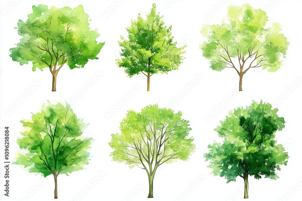 Fototapeta premium Set of watercolor green tree isolated on white background for landscape and architecture drawing, elements for environment and garden, botanical for section in spring