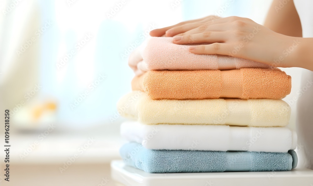 Close up of young woman handling new laundry of towels at home, Generative AI Close up of young woman handling new laundry of towels at home, Generative AI