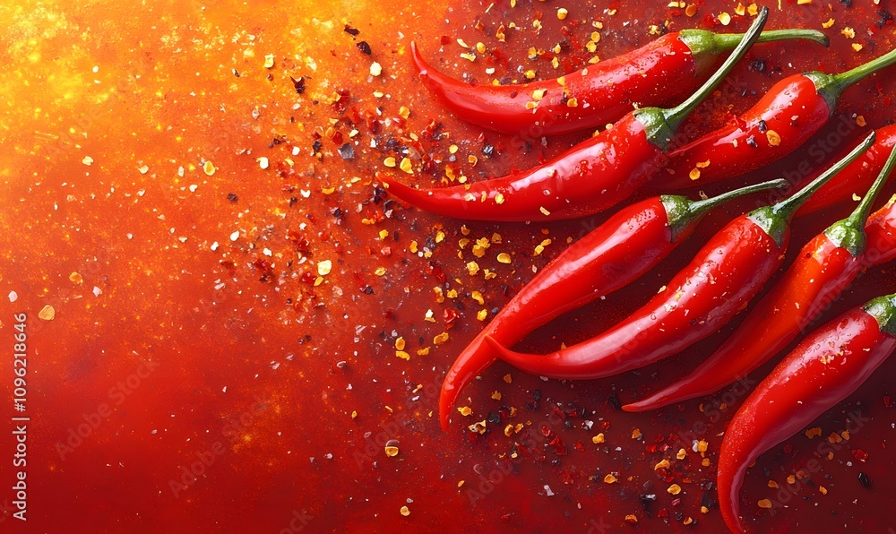 A bold and graphic representation of fresh red chilies with chili flakes A bold and graphic representation of fresh red chilies with chili flakes