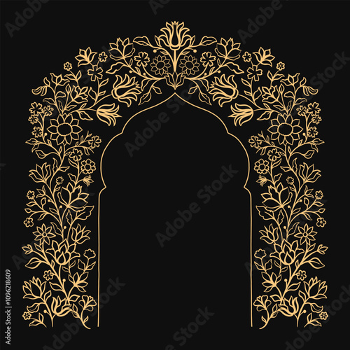 Mughal decorative ornamental floral arch. Vintage intricate traditional mughal style with flowers and foliage.