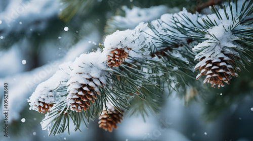 Tree branches covered in snow. closeup of snow covered evergreen branch in forest. snow covered pine needles
