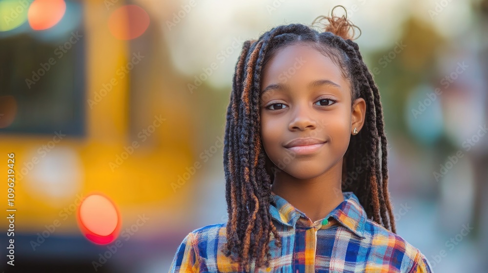 A young girl with braided hair smiles confidently in front of a blurred yellow school bus, capturing the essence of a Back to School theme with a cheerful atmosphere. A young girl with braided hair smiles confidently in front of a blurred yellow school bus, capturing the essence of a Back to School theme with a cheerful atmosphere.