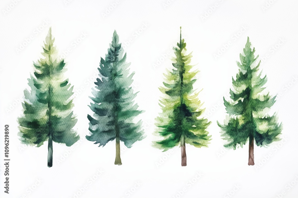 Obraz premium Hand painted forest trees on white background with watercolors