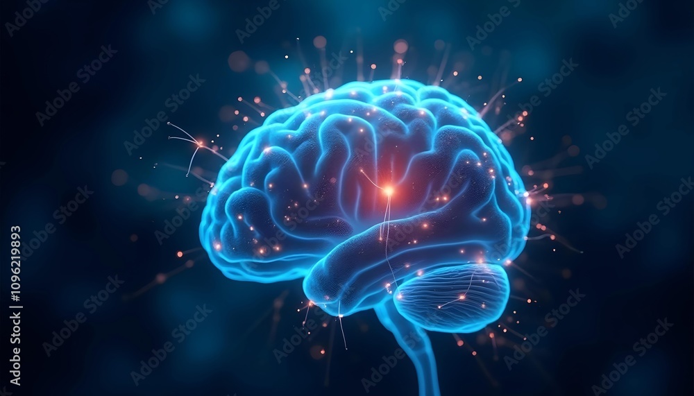 Fototapeta premium A large, detailed brain with various circuits, nodes, and data visualized overlaid on an image.