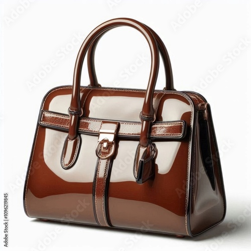 Women's fashion patent leather bag in brown color, presented on white background, isolated object. AI generated.