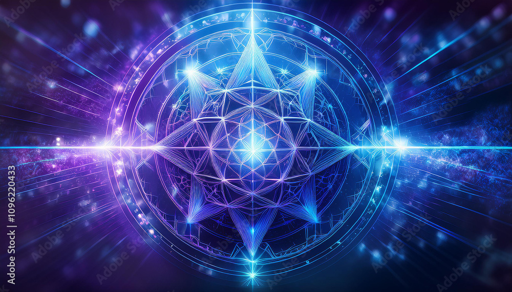 Dynamic magic symbol with geometric patterns, glowing softly in shades of blue and purple. Dynamic magic symbol with geometric patterns, glowing softly in shades of blue and purple.