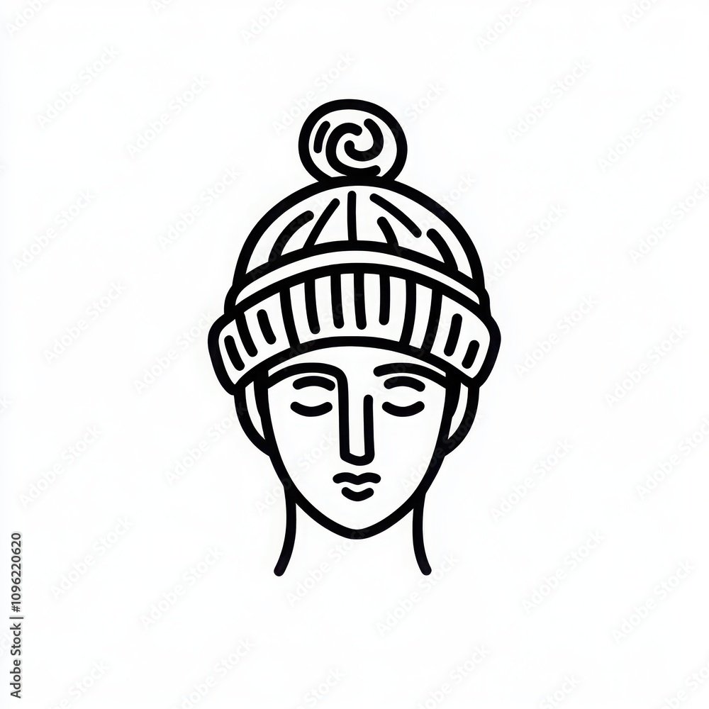 A minimalist vector logo featuring a black-and-white line drawing of the head statue of Greek goddess Sybil, with a beanie hat and pom poms. A minimalist vector logo featuring a black-and-white line drawing of the head statue of Greek goddess Sybil, with a beanie hat and pom poms.