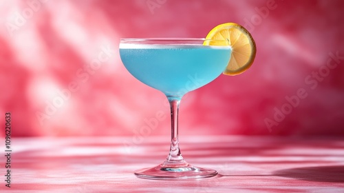 Wallpaper Mural Vibrant blue cocktail served in a classic glass, elegantly garnished with a lemon slice, contrasting against a lively pink backdrop, exuding summer refreshment and fun. Torontodigital.ca